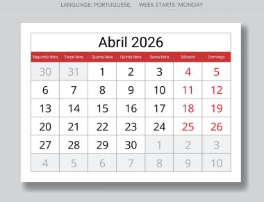 Portekiz Nisan 2026 takvim planlayıcısı Abril. Portekiz için aylık sayfa illüstrasyonu