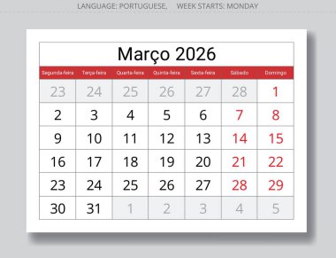 Portekiz Mart 2026 takvim planlayıcısı Marco. Portekiz için aylık sayfa illüstrasyonu