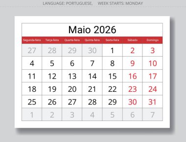 Portekiz Mayıs 2026 takvim planlayıcısı, Maio. Portekiz için aylık sayfa illüstrasyonu