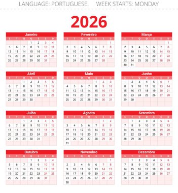 2026 yılının Porto Riko takvimi. 12 aylık kırmızı renklerle Portekiz için dikey vektör illüstrasyonu