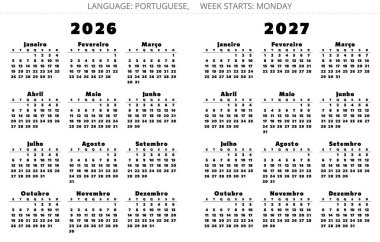 Portekiz yıllık takvimleri 2026 ve 2027. Portekiz için siyah renkli modern vektör illüstrasyonu- calendario