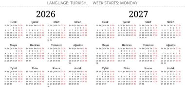 2026 ve 2027 yıllık Türk takvimlerinde serif yazı tipi var. Türkiye için vektör illüstrasyonu - Türk takvimi