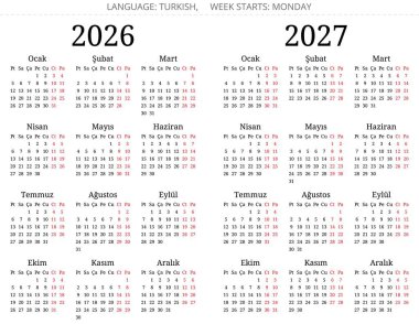 2026 ve 2027 yıllık Türk takvimlerinde serif yazı tipi var. Türkiye için vektör illüstrasyonu - Türk takvimi