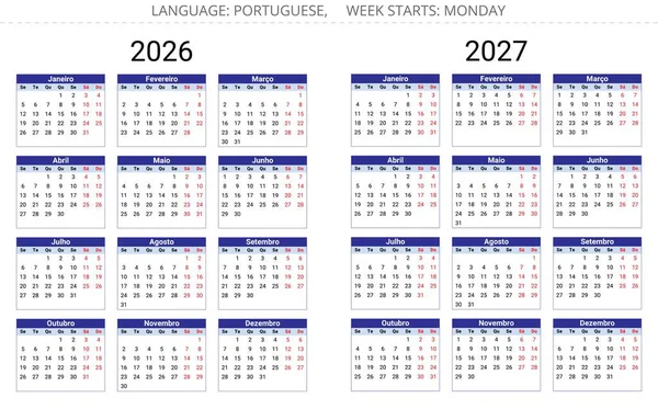 2027 ve 2026 yılları için Portekiz yıllık takvimi. Portekiz için vektör illüstrasyonu