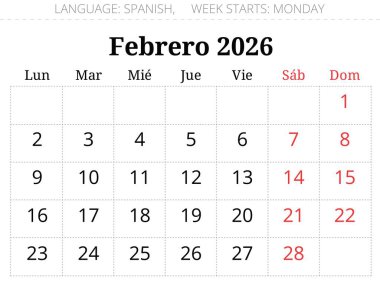 Şubat 2026 İspanyol takvim ay planlayıcısı - Febrero. İspanya için aylık vektör illüstrasyonu