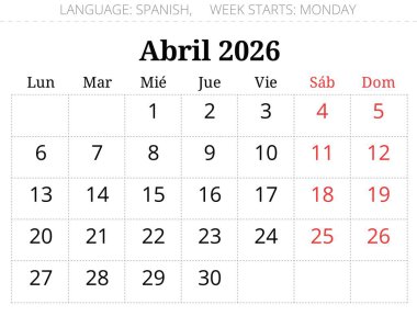 Nisan 2026 İspanyol takvim ay planlayıcısı - Abril. İspanya için aylık vektör illüstrasyonu