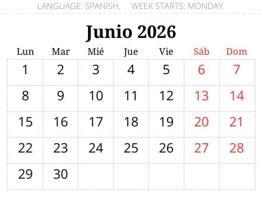 Haziran 2026 İspanyol takvim ay planlayıcısı - Junio. İspanya için aylık vektör illüstrasyonu