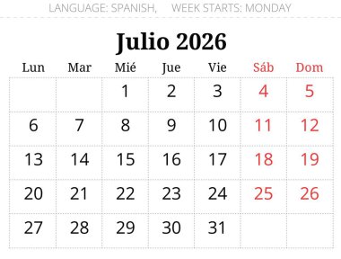 Temmuz 2026 İspanyol takvim ay planlayıcısı Julio. İspanya için aylık vektör illüstrasyonu