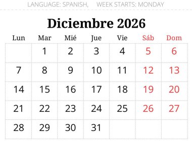 Aralık 2026 İspanyol takvim ay planlayıcısı, Diciembre. İspanya için aylık vektör illüstrasyonu