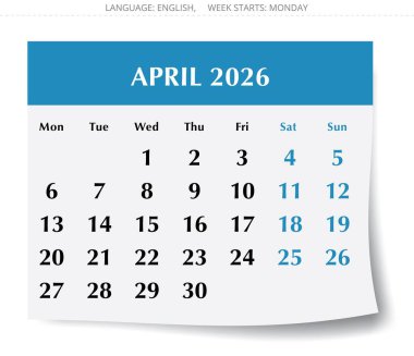 Nisan ayı için 2026 yıllık takvim. Aylık vektör İngilizce takvim sayfası. Pazartesi başlangıcıyla tasarım