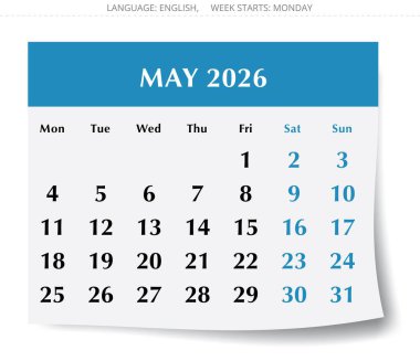 Mayıs ayı için 2026 yıllık takvim. Aylık vektör İngilizce takvim sayfası. Pazartesi başlangıcıyla tasarım