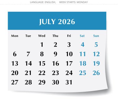 Temmuz ayı için 2026 yıllık takvim. Aylık vektör İngilizce takvim sayfası. Pazartesi başlangıcıyla tasarım