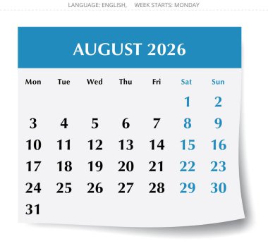 Ağustos ayı için 2026 yıllık takvim. Aylık vektör İngilizce takvim sayfası. Pazartesi başlangıcıyla tasarım