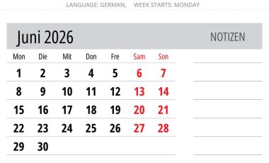 Alman Haziran 2026 takviminde notlar için yer var. Juni Ayı. Almanya için vektör illüstrasyonu
