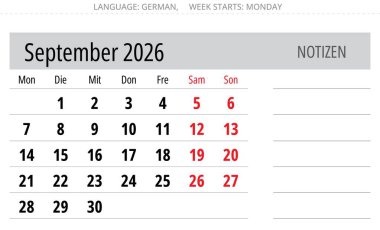 Alman Eylül 2026 takviminde notlar için yer var. Almanya için vektör illüstrasyonu