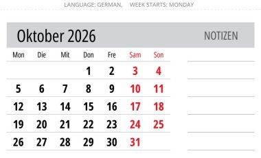 Alman Ekim 2026 takviminde notlar için yer var. Ay Ekim 'de. Almanya için vektör illüstrasyonu