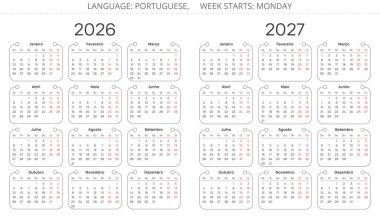 2027 ve 2026 yılları için Portekiz yıllık takvimi. Portekiz için iki vektör çizimi