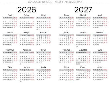 2026 ve 2027 yıllık Türk takvimleri. Türkiye için vektör illüstrasyonu