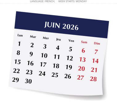 Aralık 2026 Fransız takvimi Aralık. Fransa için aylık kağıt sayfa vektör illüstrasyonu