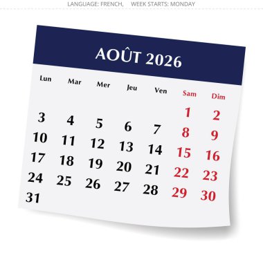 Aralık 2026 Fransız takvimi Aralık. Fransa için aylık kağıt sayfa vektör illüstrasyonu