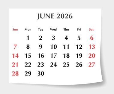 Haziran 2026 İngiliz takvim planlayıcısı. Pazar yıldızlı aylık vektör sayfası