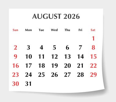 Ağustos 2026 İngiliz takvim planlayıcısı. Pazar yıldızlı aylık vektör sayfası