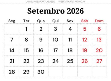 Eylül 2026 Portekiz takvim planlayıcısı (Setembro). Portuga için asgari aylık vektör tasarımı