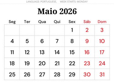 Mayıs 2026 Portekiz takvim planlayıcı (Maio). Portuga için asgari aylık vektör tasarımı