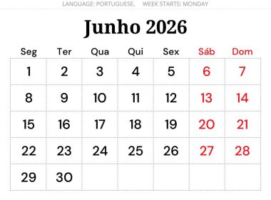 Haziran 2026 Portekiz takvim planlayıcısı (Junho). Portuga için asgari aylık vektör tasarımı