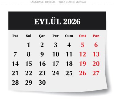 Eylül 2026 Türk takvimi çıkartması. Türk için vektör illüstrasyon sayfası
