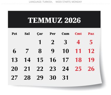 Temmuz 2026 Türk takvimi çıkartması. Türk için vektör illüstrasyon sayfası