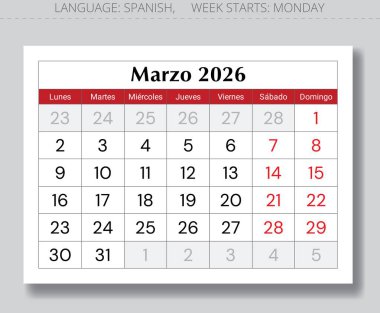 Mart 2026 İspanyol takvimi (Marzo). Spai için aylık kağıt sayfası vektör çizimi