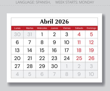 Nisan 2026 İspanyol takvimi (Abril). Spai için aylık kağıt sayfası vektör çizimi