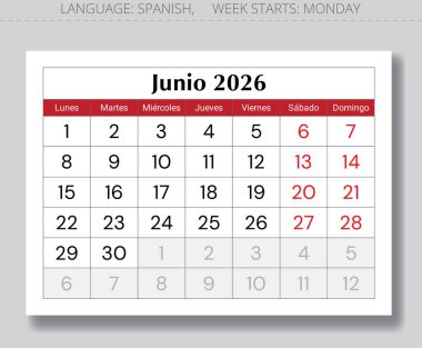 Haziran 2026 İspanyol takvimi (Junio). Spai için aylık kağıt sayfası vektör çizimi