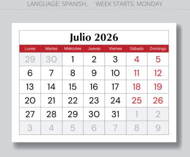 Temmuz 2026 İspanyol takvimi. Spai için aylık kağıt sayfası vektör çizimi