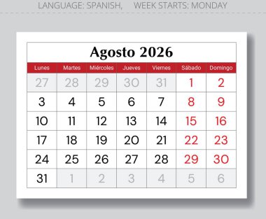 Ağustos 2026 İspanyol takvimi (Agosto). Spai için aylık kağıt sayfası vektör çizimi