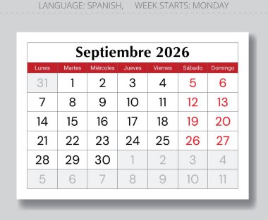Eylül 2026 İspanyol takvimi (Eylül 2026). Spai için aylık kağıt sayfası vektör çizimi