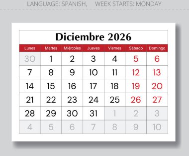 Aralık 2026 İspanyol takvimi (Diciembre). Spai için aylık kağıt sayfası vektör çizimi