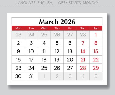 Mart 2026 takvim sayfası. Pazartesi yıldızlı aylık İngilizce vektör