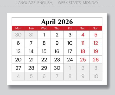 Nisan 2026 takvim sayfası. Pazartesi yıldızlı aylık İngilizce vektör