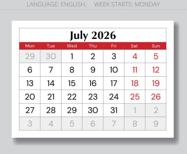 Temmuz 2026 takvim sayfası. Pazartesi yıldızlı aylık İngilizce vektör