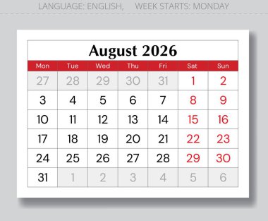 Ağustos 2026 takvim sayfası. Pazartesi yıldızlı aylık İngilizce vektör