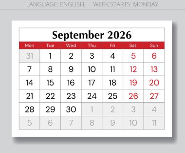 Eylül 2026 takvim sayfası. Pazartesi yıldızlı aylık İngilizce vektör