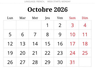 2026 Aralık Fransız takvim planlama sayfası Aralık. Franc için Vektör illüstrasyonu