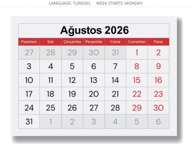 2026 Türk takvimi. Türk için vektör illüstrasyon sayfası