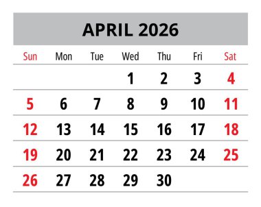 2026 Nisan takvimi. Pazar yıldızlı aylık İngilizce vektör sayfası