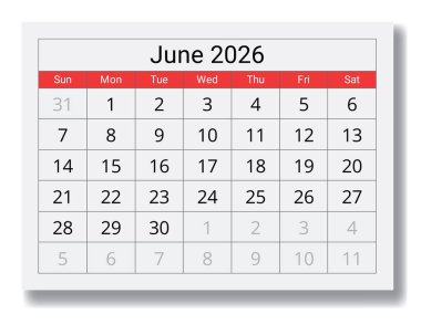 2026 Haziran takvimi. Pazar yıldızlı aylık İngilizce vektör sayfası