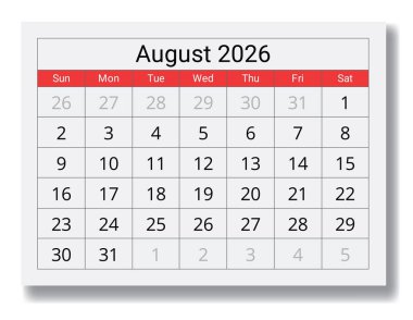 2026 Ağustos takvimi. Pazar yıldızlı aylık İngilizce vektör sayfası