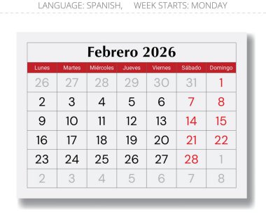 Şubat 2026 İspanyol takvimi (Şubat 2026). Spai için aylık kağıt sayfası vektör çizimi