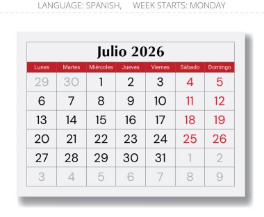 Temmuz 2026 İspanyol takvimi. Spai için aylık kağıt sayfası vektör çizimi